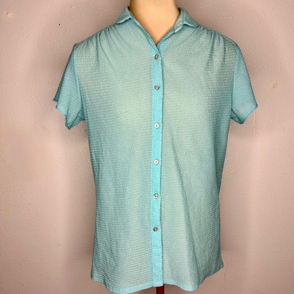 VTG 70s Aqua Blue Seersucker Button Up Blouse Reworked Coastal Grandma Small